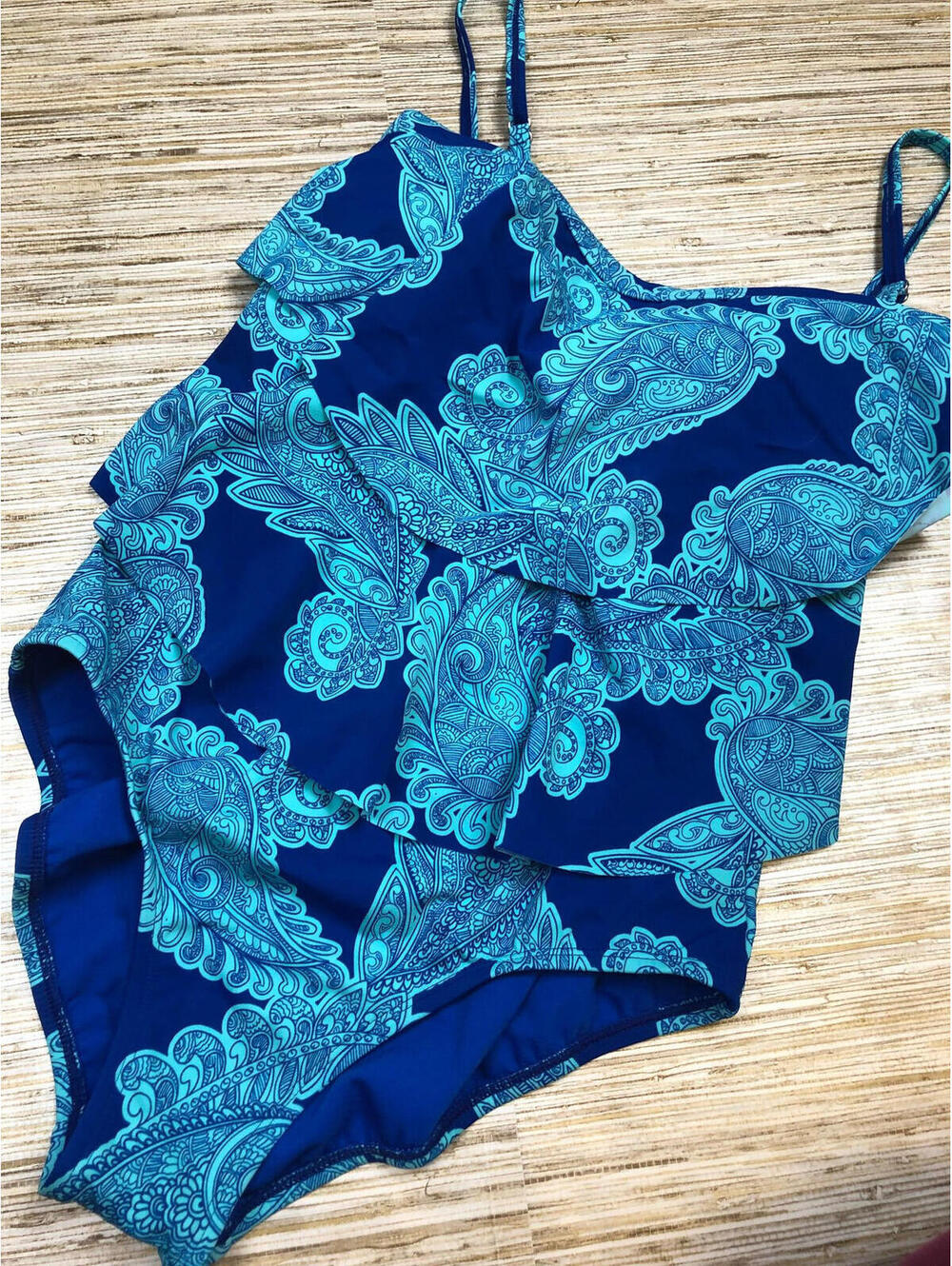 2873 Jantzen ruffle front One-Piece Plunge Swimsuit BLUE PAISLEY sz 10 nwot